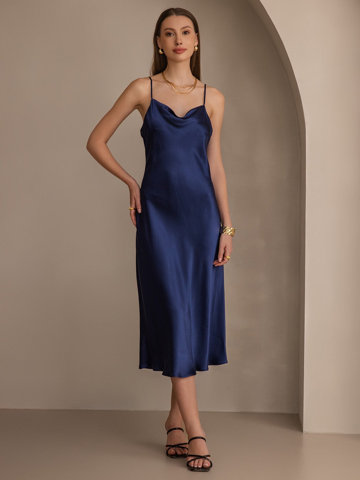 SilkSilky 100% Mulberry Silk Cowl Neck Midi Dress, Dark Blue / XS(4)