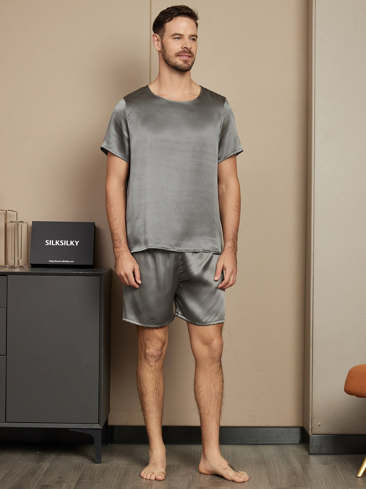 [Dark Gray] SilkSilky Pure Silk Short Sleeve Round Neck Men's Pajamas 001