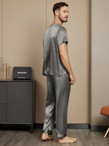 [Dark Gray] SilkSilky Pure Silk Short Sleeve Round Neck Men's Pajamas 002