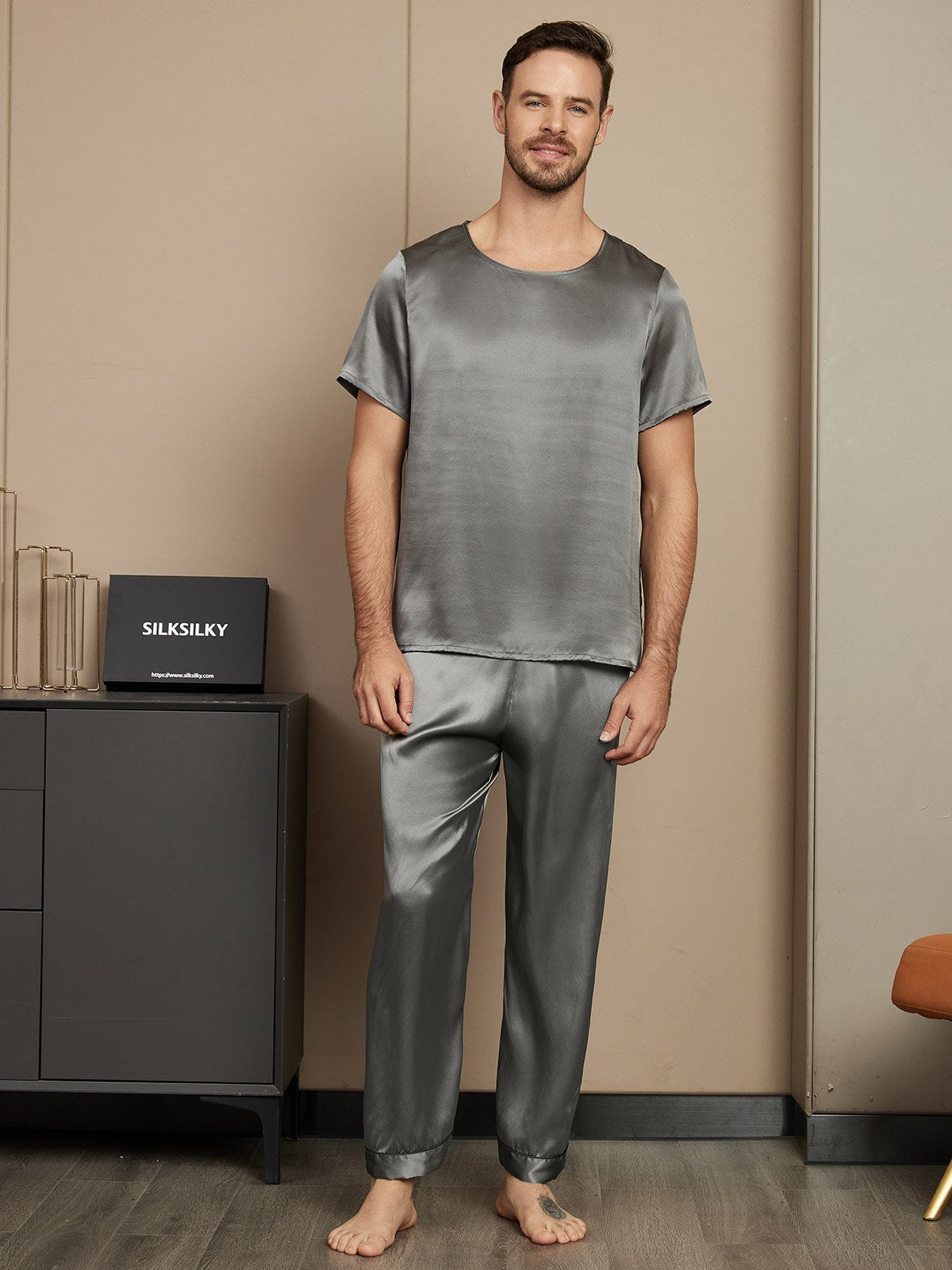[Dark Gray] SilkSilky Pure Silk Short Sleeve Round Neck Men's Pajamas 003