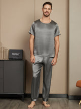 [Dark Gray] SilkSilky Pure Silk Short Sleeve Round Neck Men's Pajamas 003
