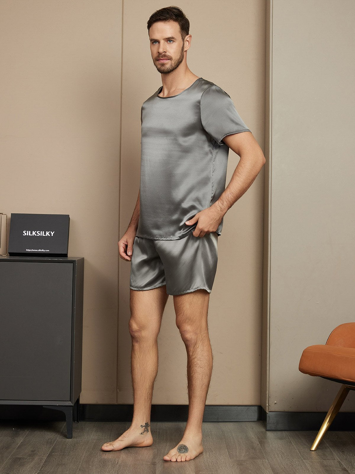 [Dark Gray] SilkSilky Pure Silk Short Sleeve Round Neck Men's Pajamas 003