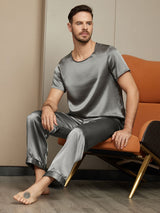 [Dark Gray] SilkSilky Pure Silk Short Sleeve Round Neck Men's Pajamas 004
