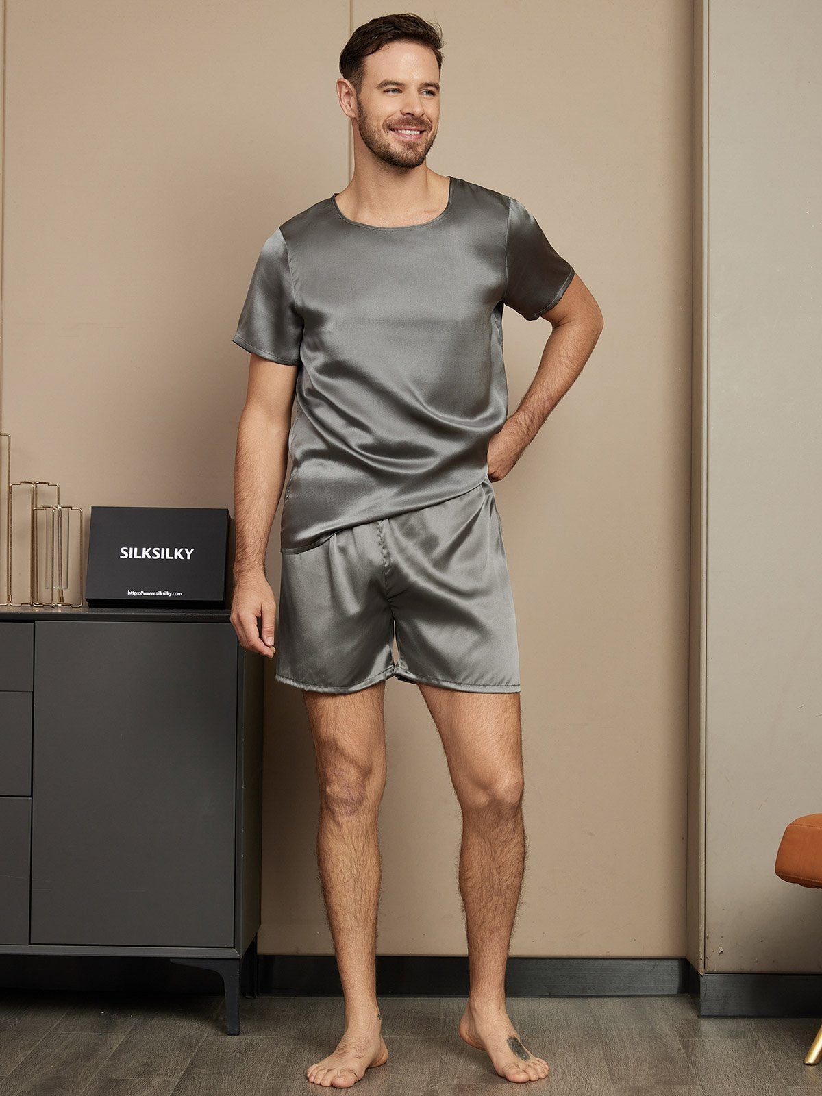 [Dark Gray] SilkSilky Pure Silk Short Sleeve Round Neck Men's Pajamas 004