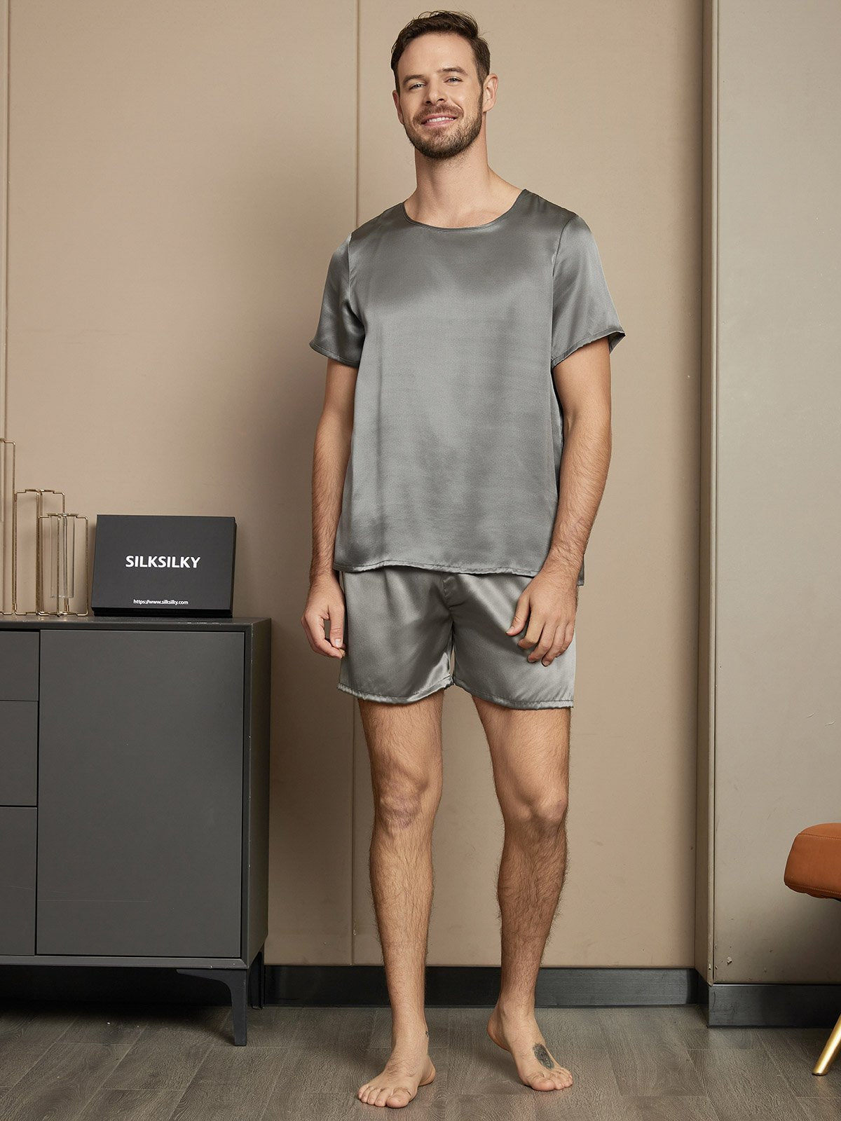[Dark Gray] SilkSilky Pure Silk Short Sleeve Round Neck Men's Pajamas 005