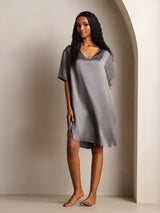 [Dark Gray] SilkSilky  Half Sleeve V Neck Nightgown 001