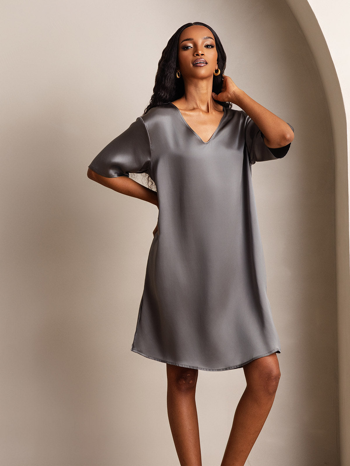 [Dark Gray] SilkSilky  Pure Silk V Neck Nightgown 007