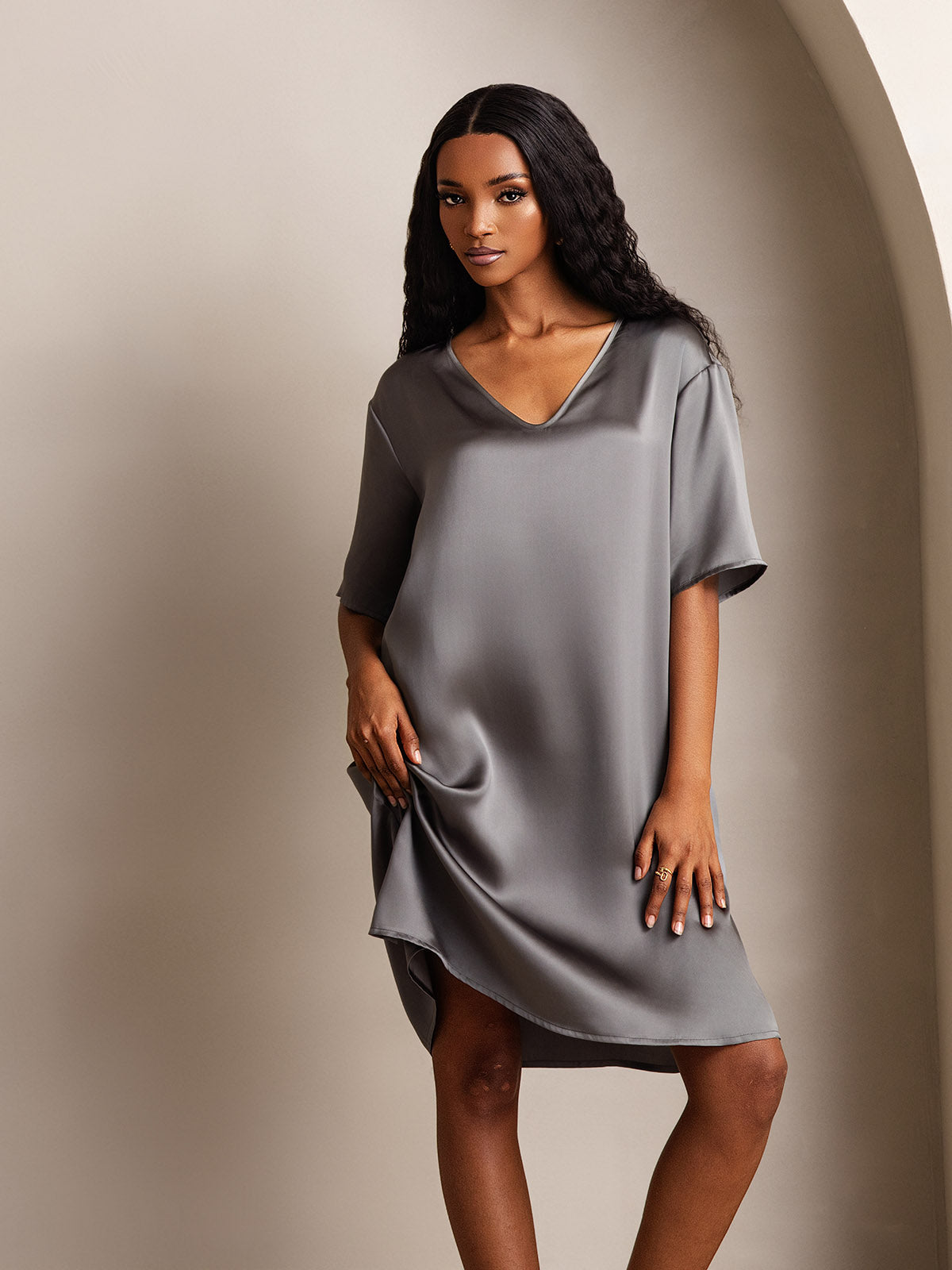 [Dark Gray] SilkSilky  Pure Silk V Neck Nightgown 008