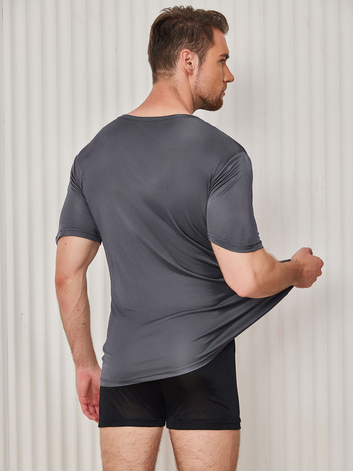 [Dark Gray] SilkSilky Silk Knitted Short Sleeve Round Neck Men's T-Shirt 002