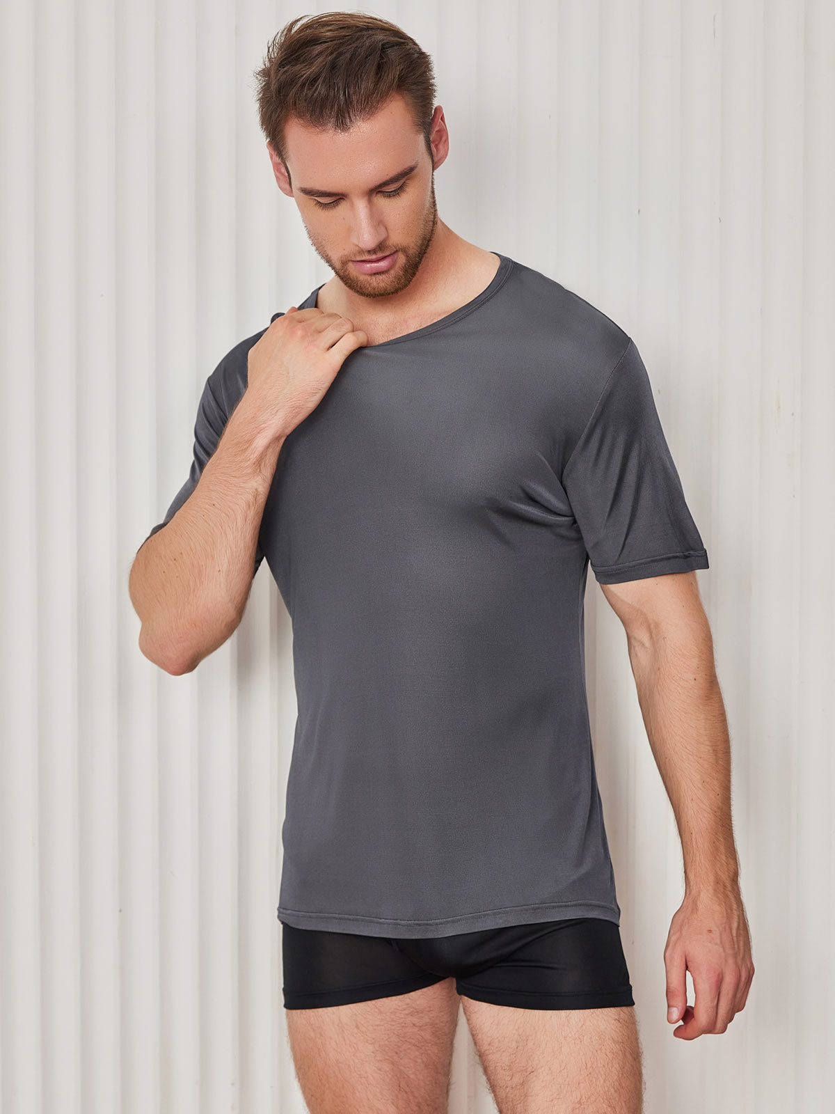 [Dark Gray] SilkSilky Silk Knitted Short Sleeve Round Neck Men's T-Shirt 003