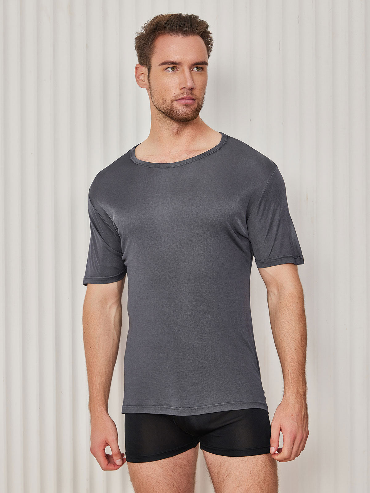 [Dark Gray] SilkSilky Silk Knitted Short Sleeve Round Neck Men's T-Shirt 004