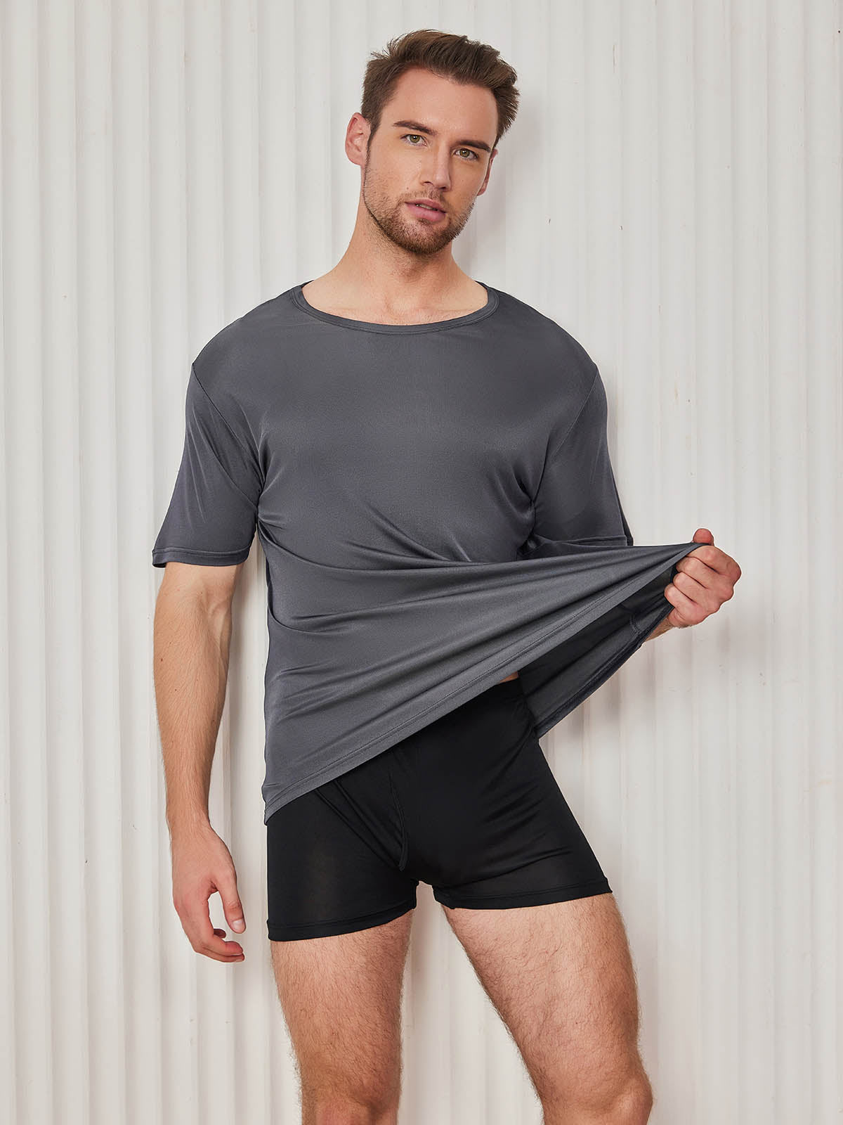 [Dark Gray] SilkSilky Silk Knitted Short Sleeve Round Neck Men's T-Shirt 005