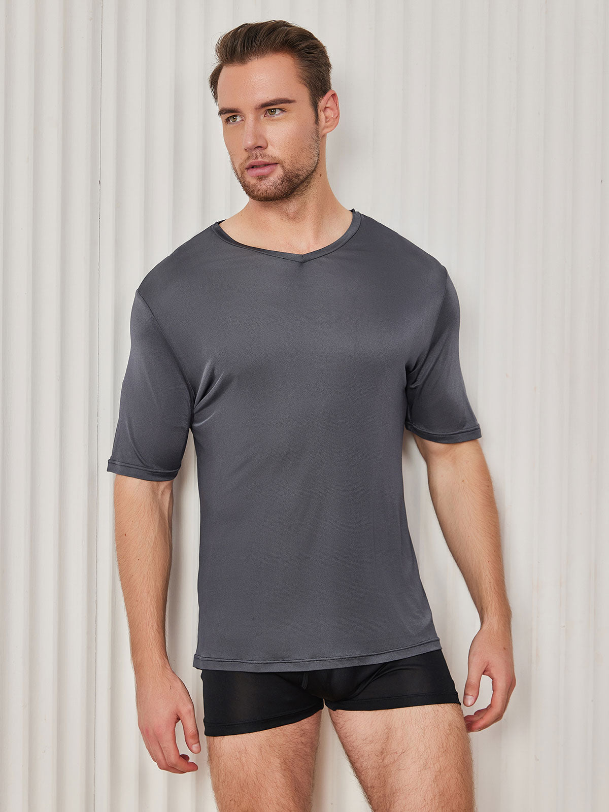 [Dark Gray] SilkSilky Silk Knitted Short Sleeve V Neck Men's T-Shirt 001