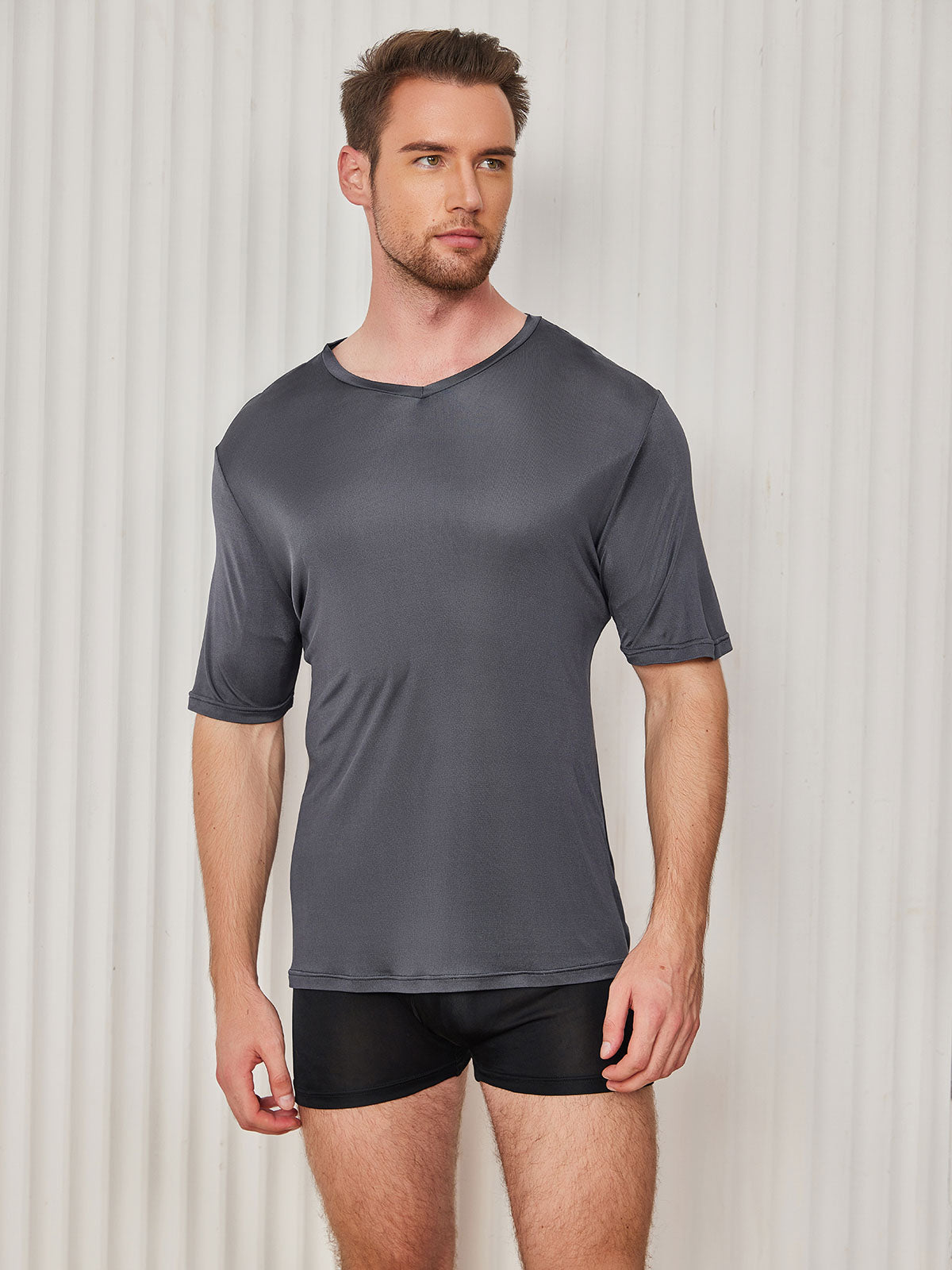 [Dark Gray] SilkSilky Silk Knitted Short Sleeve V Neck Men's T-Shirt 003