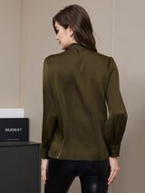 [Dark Green] SilkSilky  19Momme Long Sleeve Tie Neck Women's Shirt 002