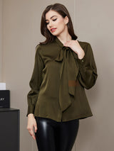 [Dark Green] SilkSilky  19Momme Long Sleeve Tie Neck Women's Shirt 004