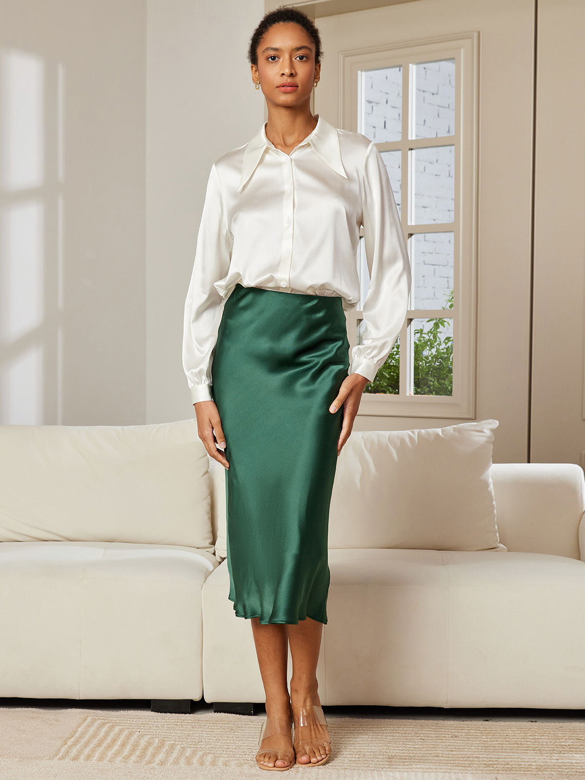 [Dark Green] SilkSilky 19Momme Pure Silk Skirt 005