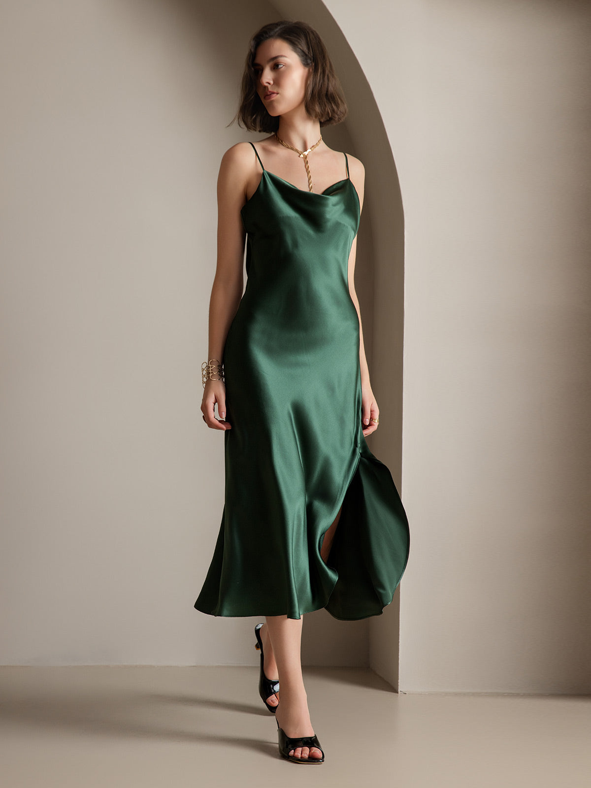 [Dark Green] SilkSilky 19Momme Pure Silk Sleeveless Cowl Neck Dress 001