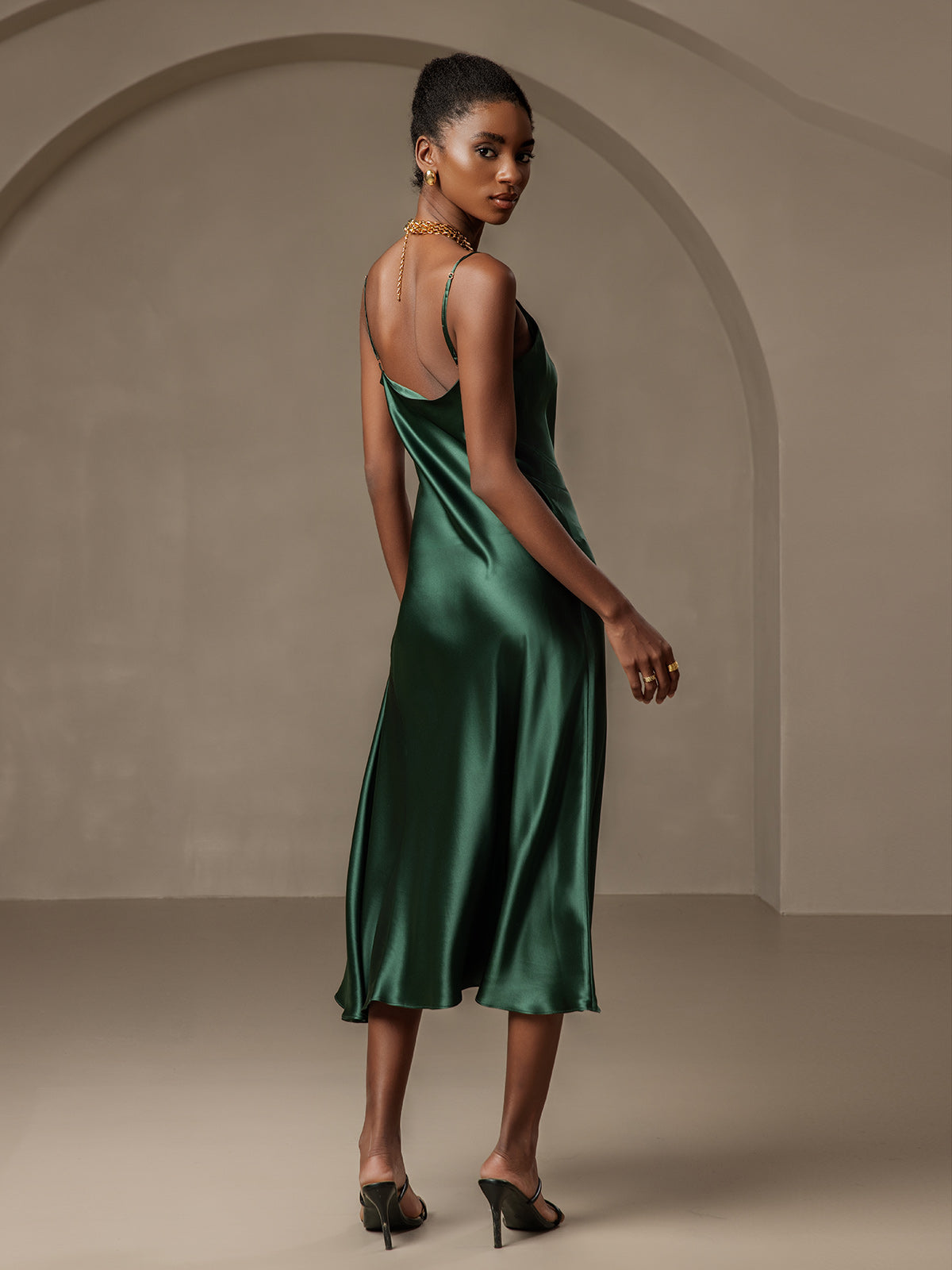 [Dark Green] SilkSilky 19Momme Pure Silk Sleeveless Cowl Neck Dress 002