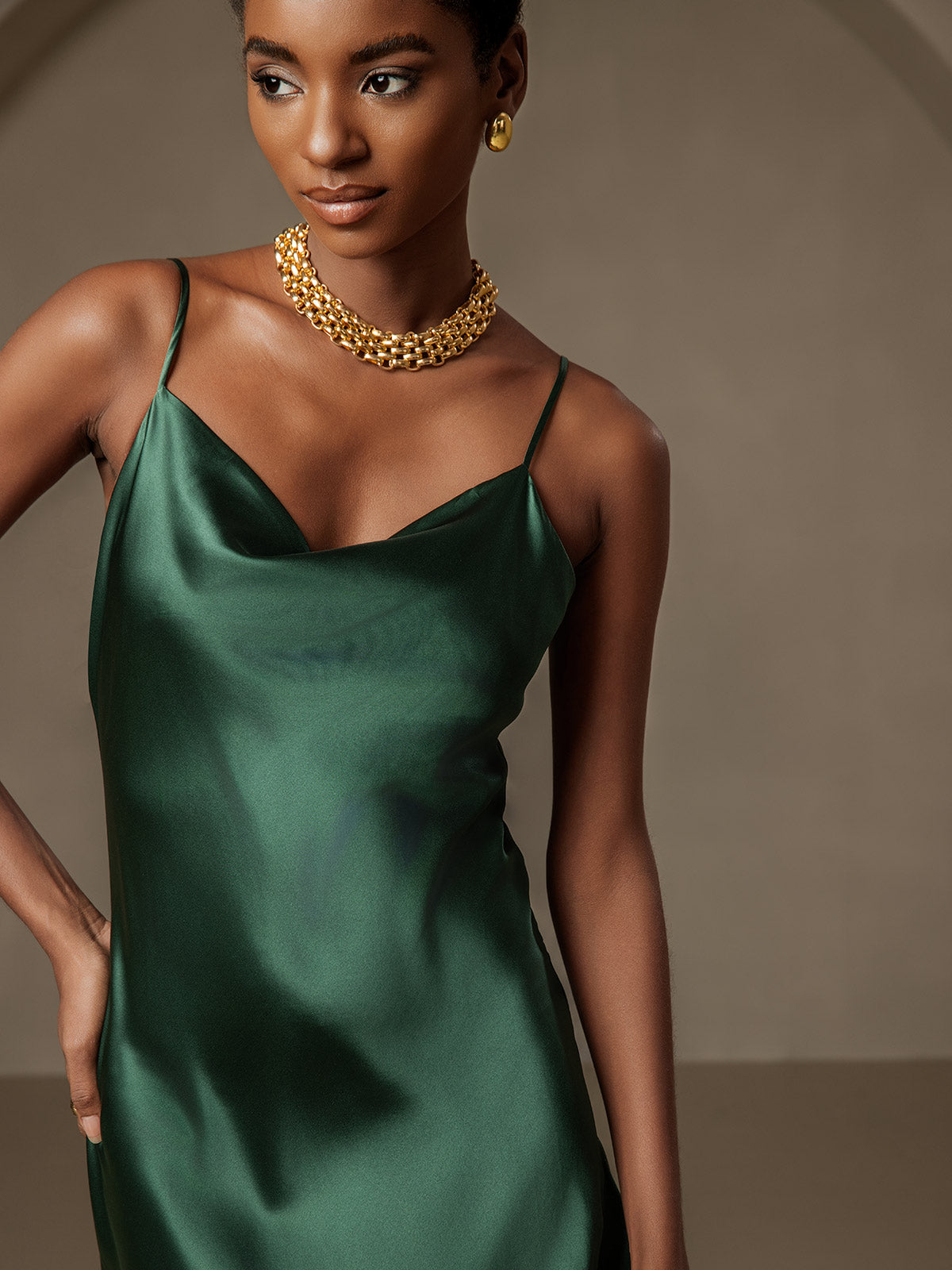 [Dark Green] SilkSilky 19Momme Pure Silk Sleeveless Cowl Neck Dress 003