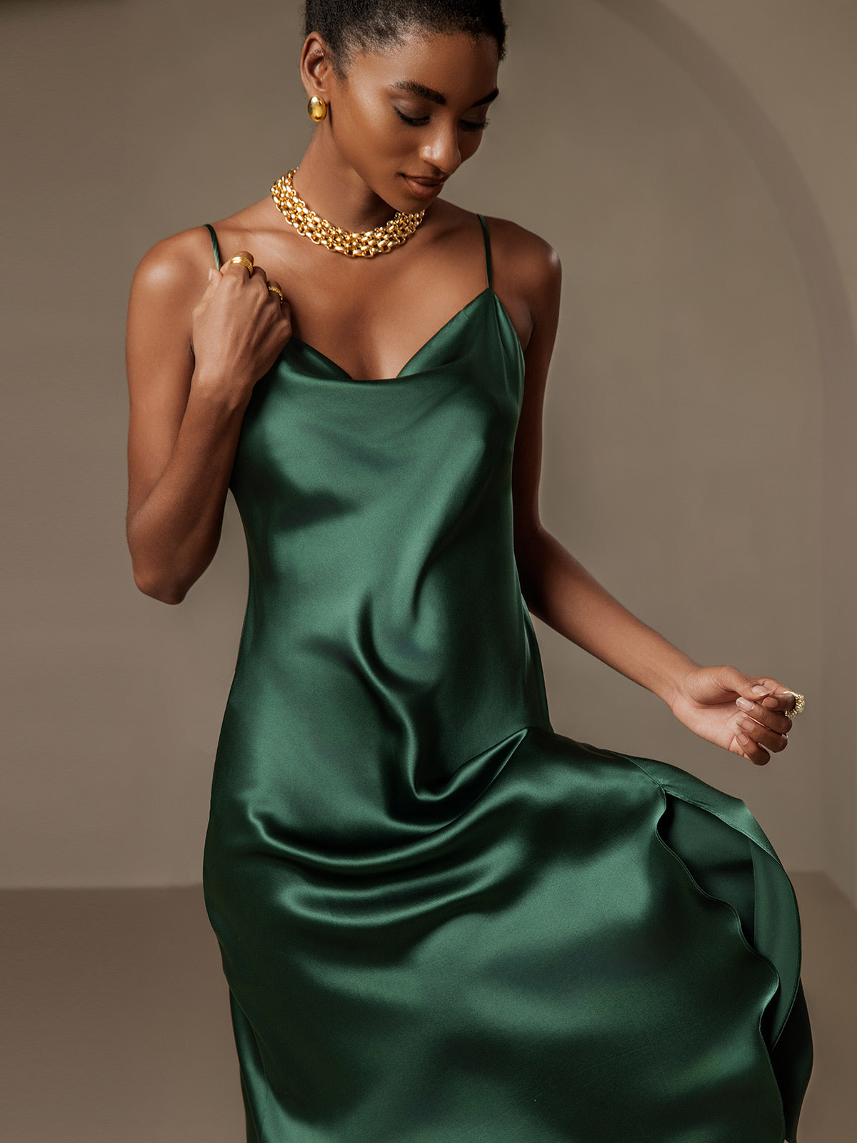 [Dark Green] SilkSilky 19Momme Pure Silk Sleeveless Cowl Neck Dress 004