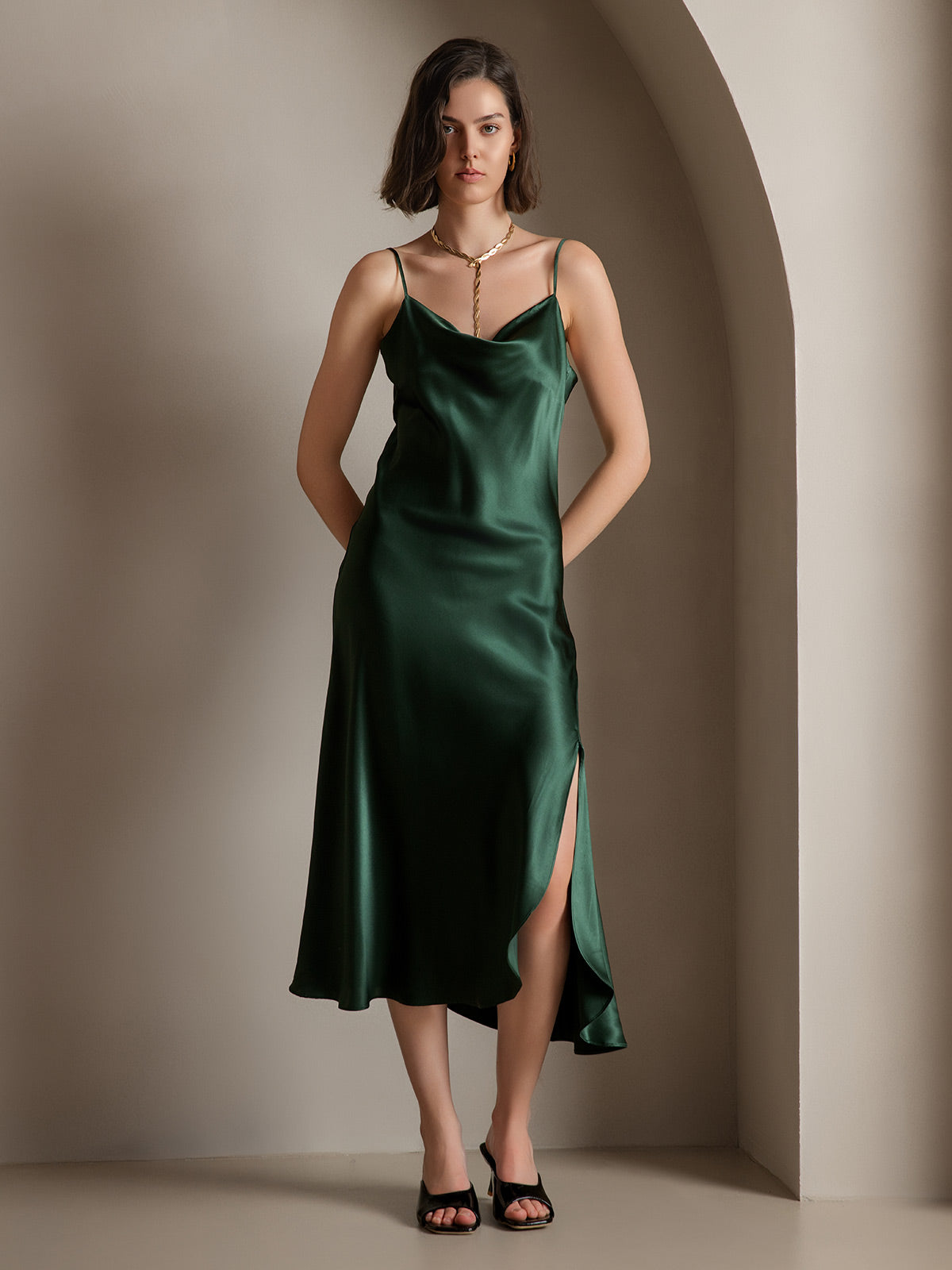 [Dark Green] SilkSilky 19Momme Pure Silk Sleeveless Cowl Neck Dress 005