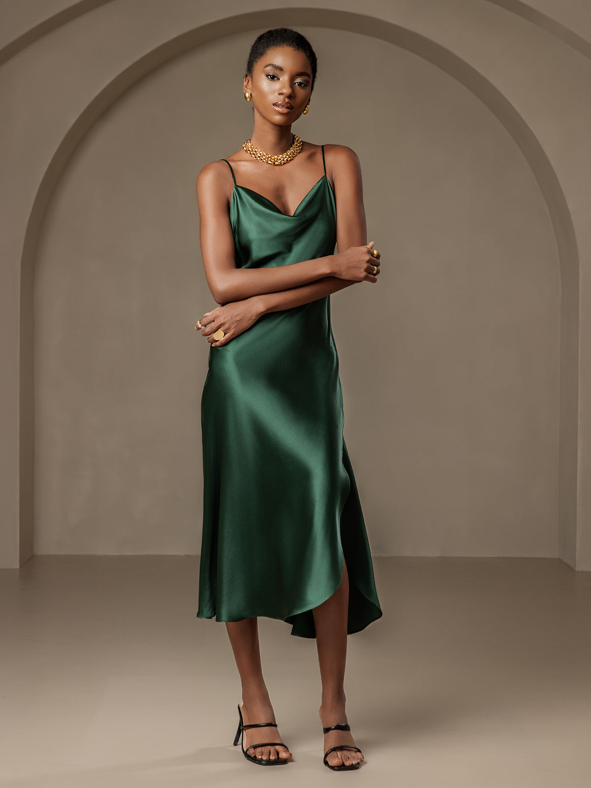[Dark Green] SilkSilky 19Momme Pure Silk Sleeveless Cowl Neck Dress 005