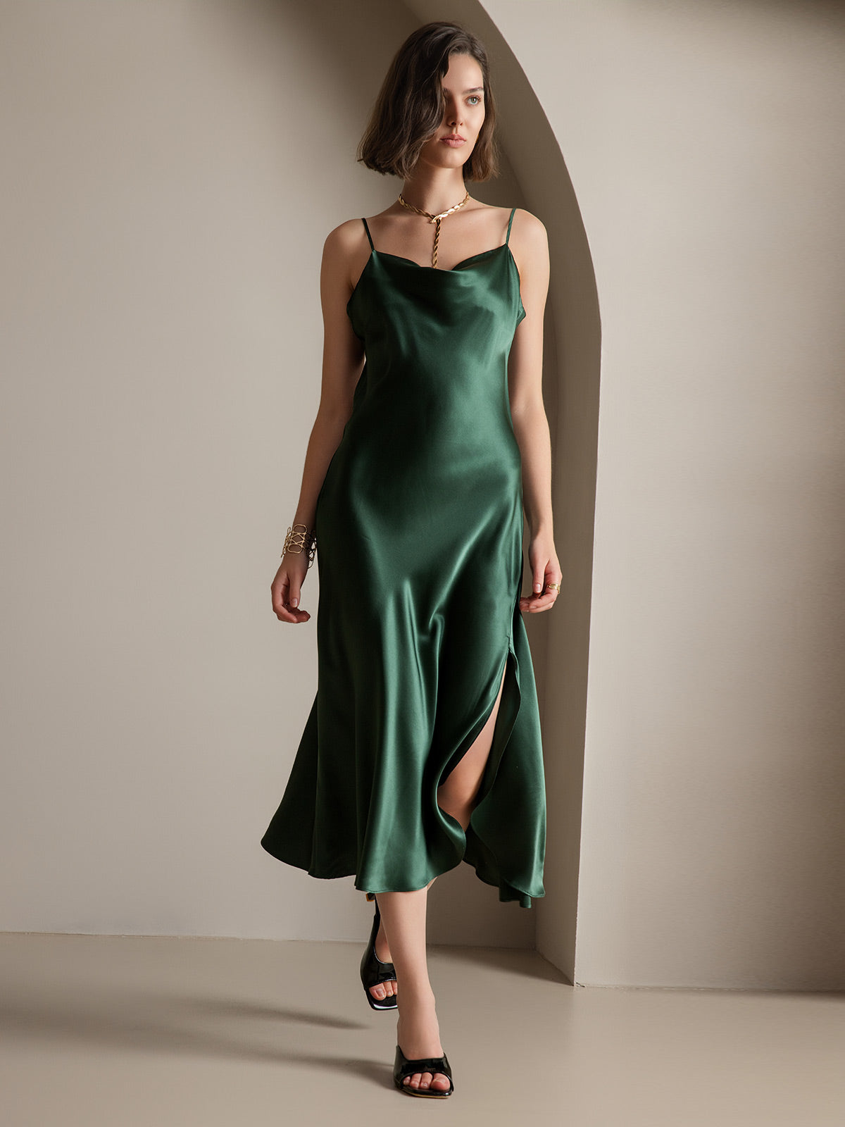 [Dark Green] SilkSilky 19Momme Pure Silk Sleeveless Cowl Neck Dress 006