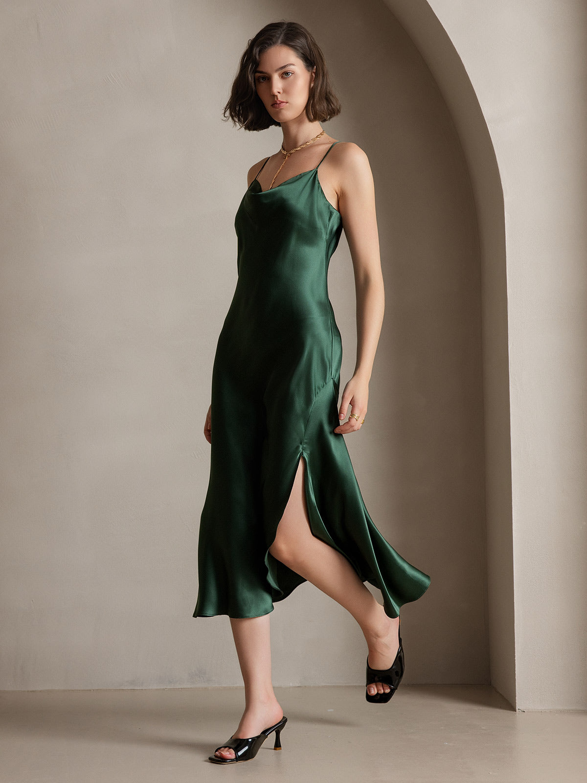 [Dark Green] SilkSilky 19Momme Pure Silk Sleeveless Cowl Neck Dress 007