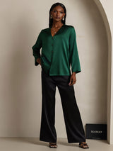 [Dark Green] SilkSilky  19Momme Long Sleeve V Neck Blouse 001
