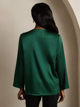 [Dark Green] SilkSilky  19Momme Long Sleeve V Neck Blouse 002