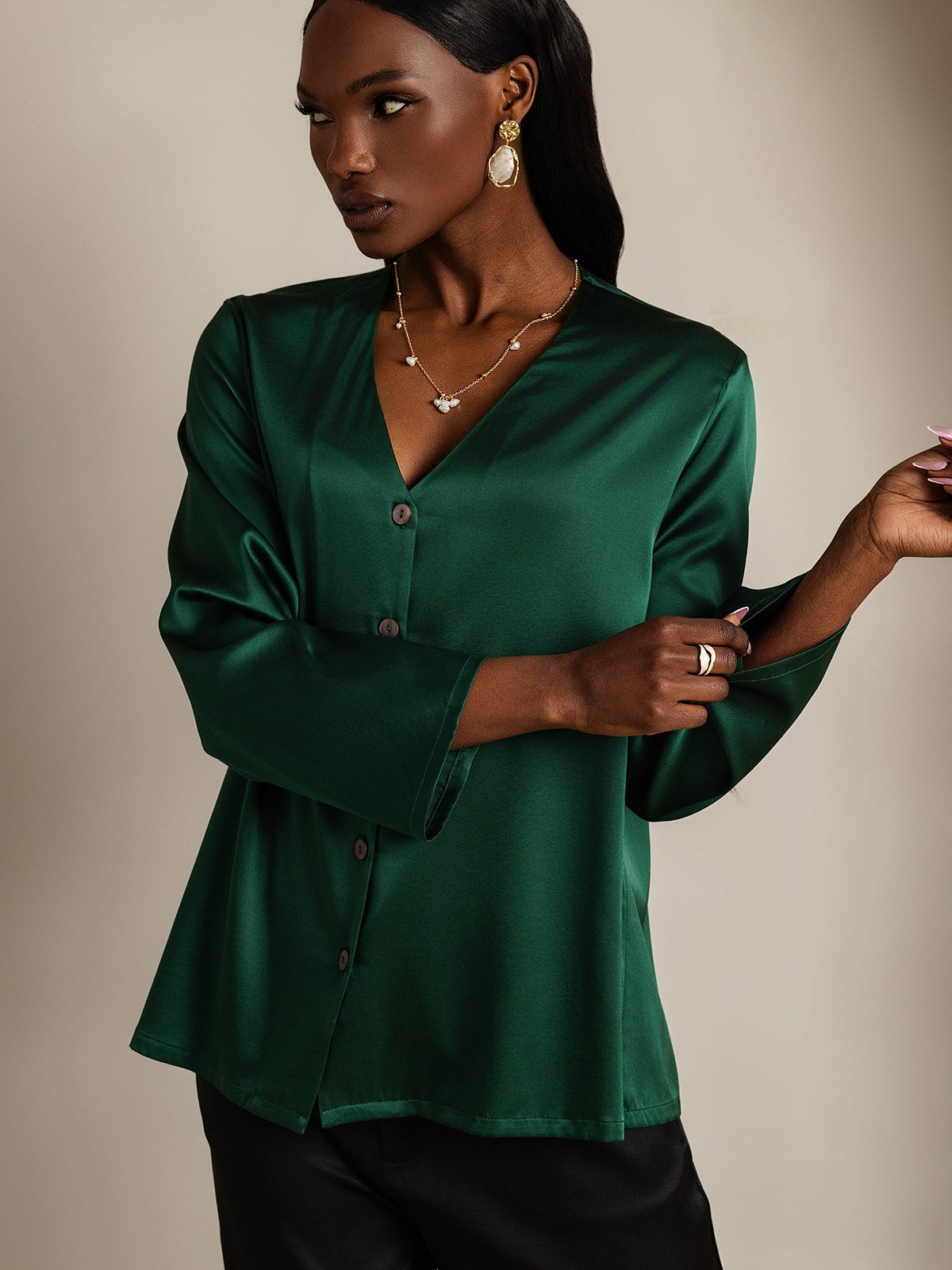 [Dark Green] SilkSilky  19Momme Silk V Neck Women's Shirt 003