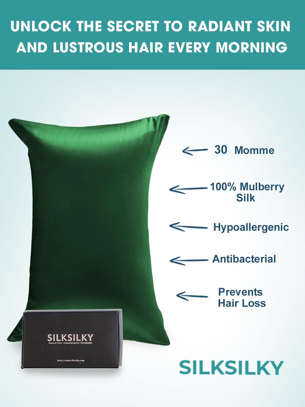 [Dark Green] SilkSilky 30Momme Pure Silk Pillowcase 003