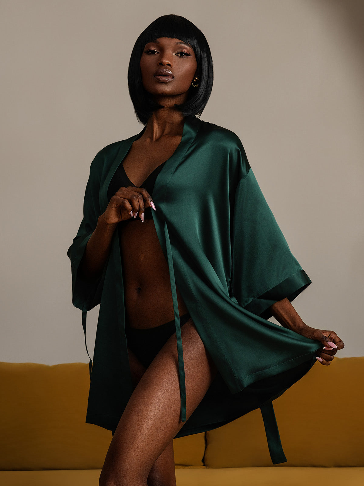 [Dark Green] SilkSilky Pure Silk Half Sleeve Womens Robe 001