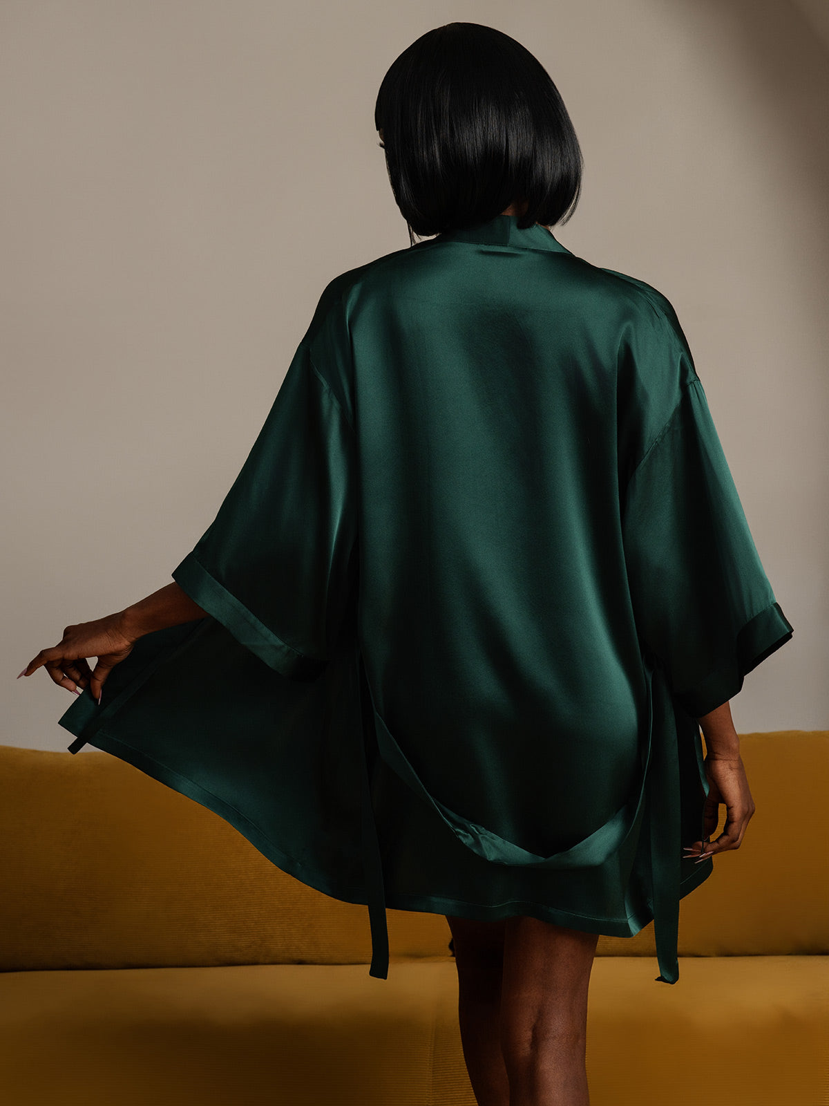 [Dark Green] SilkSilky Pure Silk Half Sleeve Womens Robe 002