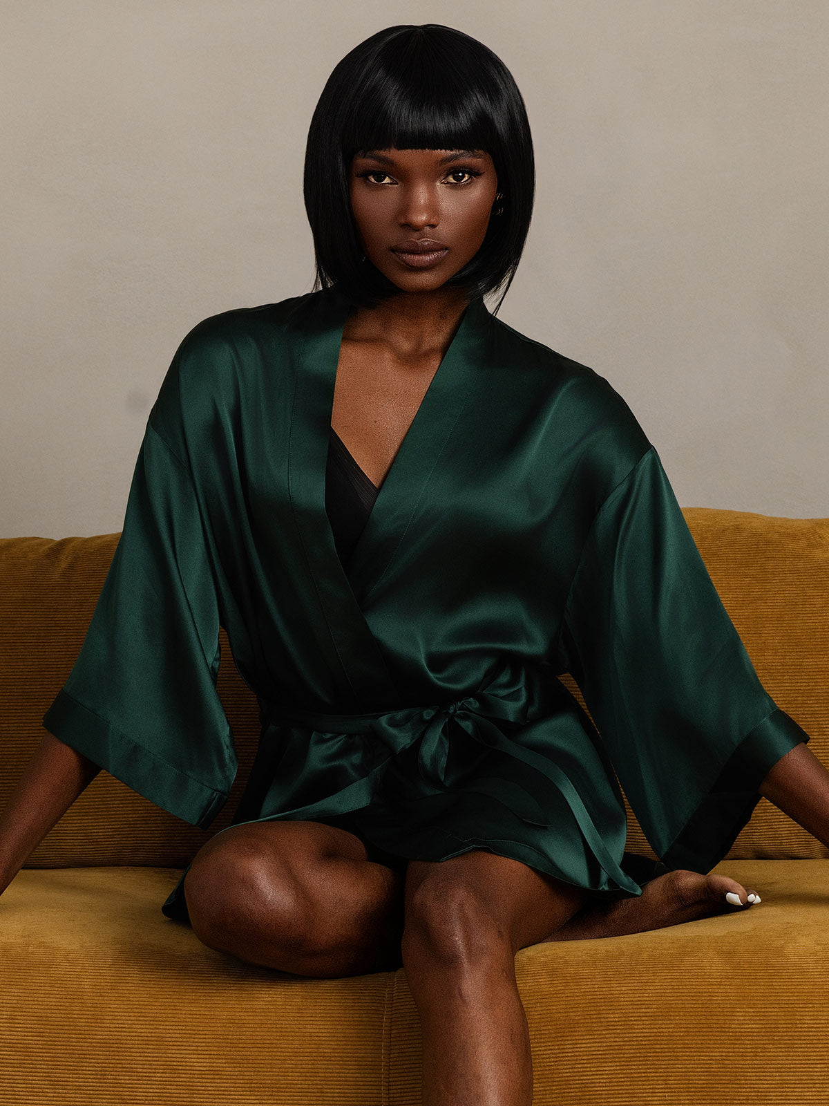 [Dark Green] SilkSilky Pure Silk Half Sleeve Womens Robe 003