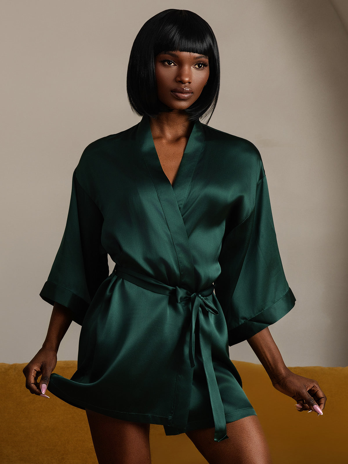 [Dark Green] SilkSilky Pure Silk Half Sleeve Womens Robe 004