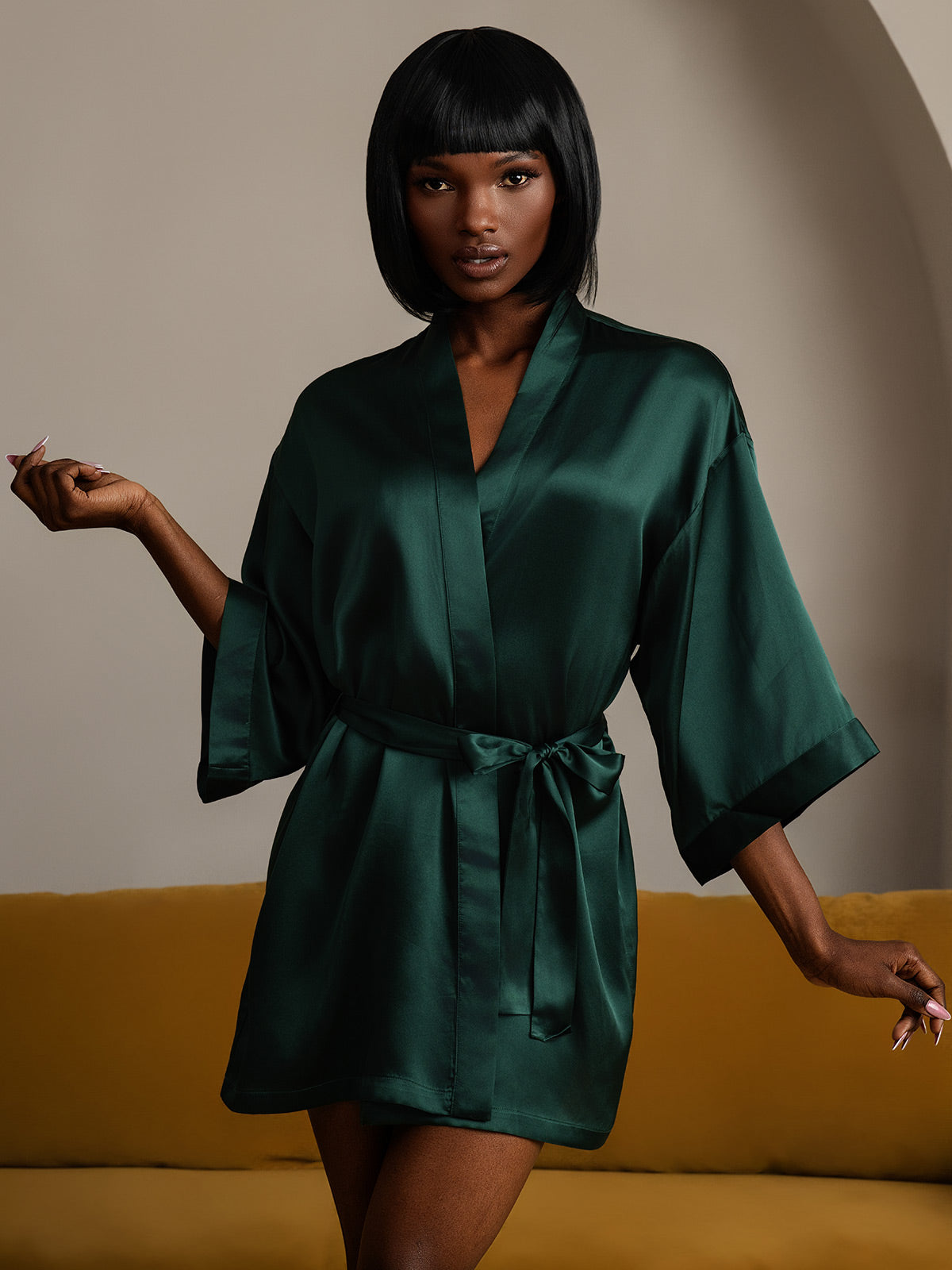 [Dark Green] SilkSilky Pure Silk Half Sleeve Womens Robe 005