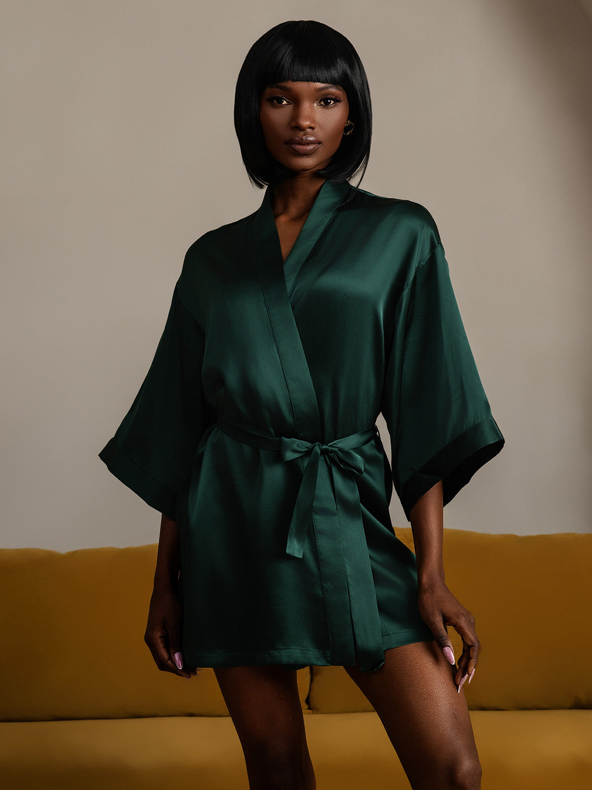 [Dark Green] SilkSilky Pure Silk Half Sleeve Womens Robe 006