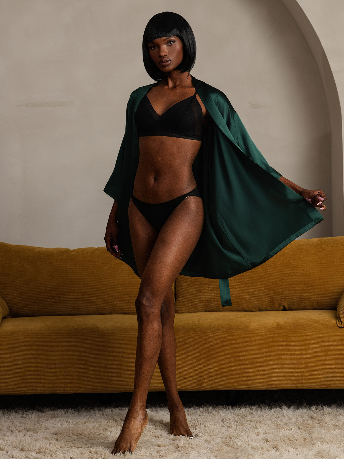 [Dark Green] SilkSilky Pure Silk Half Sleeve Womens Robe 007