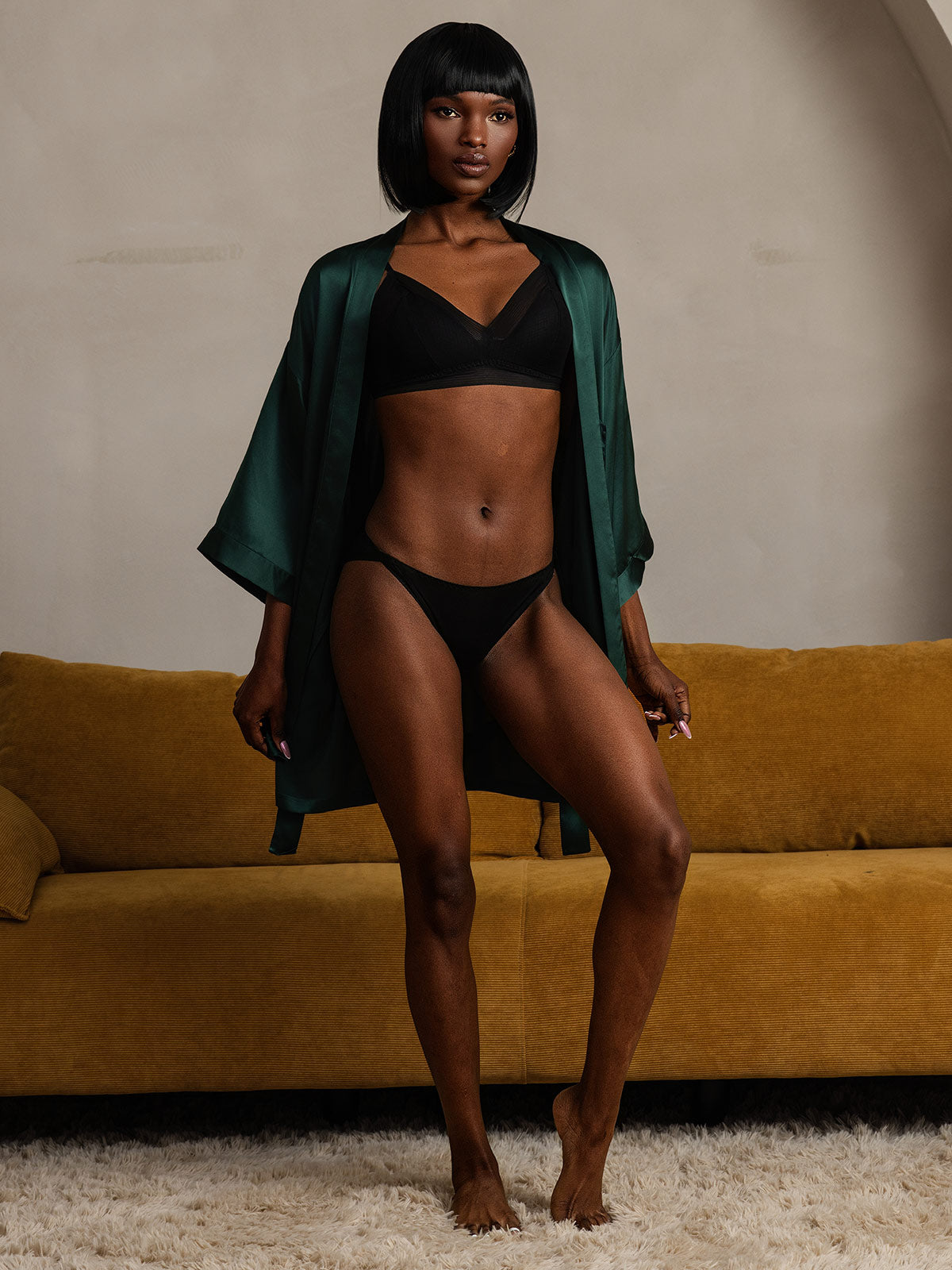 [Dark Green] SilkSilky Pure Silk Half Sleeve Womens Robe 008