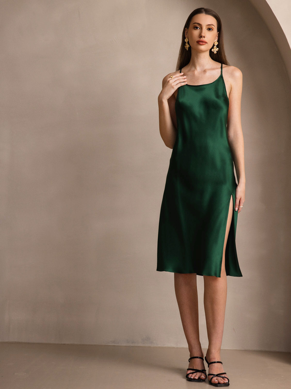 [Dark Green] SilkSilky Pure Silk Sleeveless Round Neck Dress 004