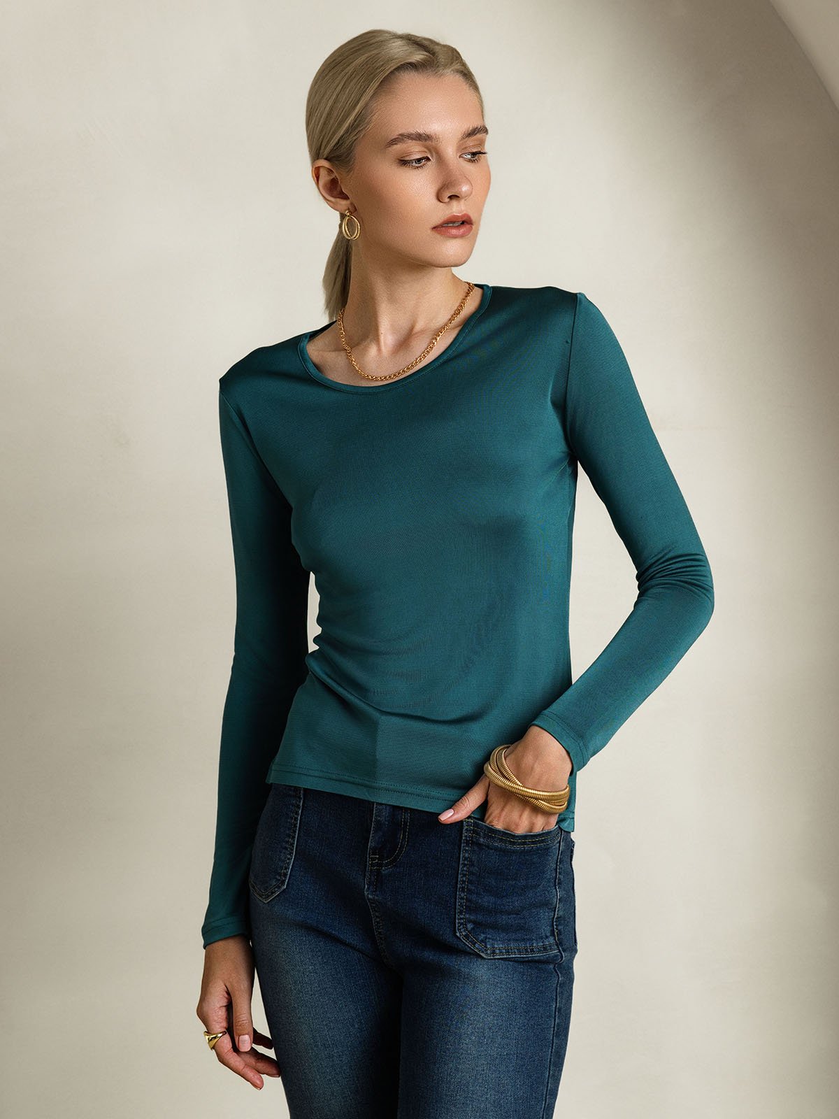 [Dark Green] SilkSilky Silk Long Sleeve Round Neck Women's T-Shirt 001
