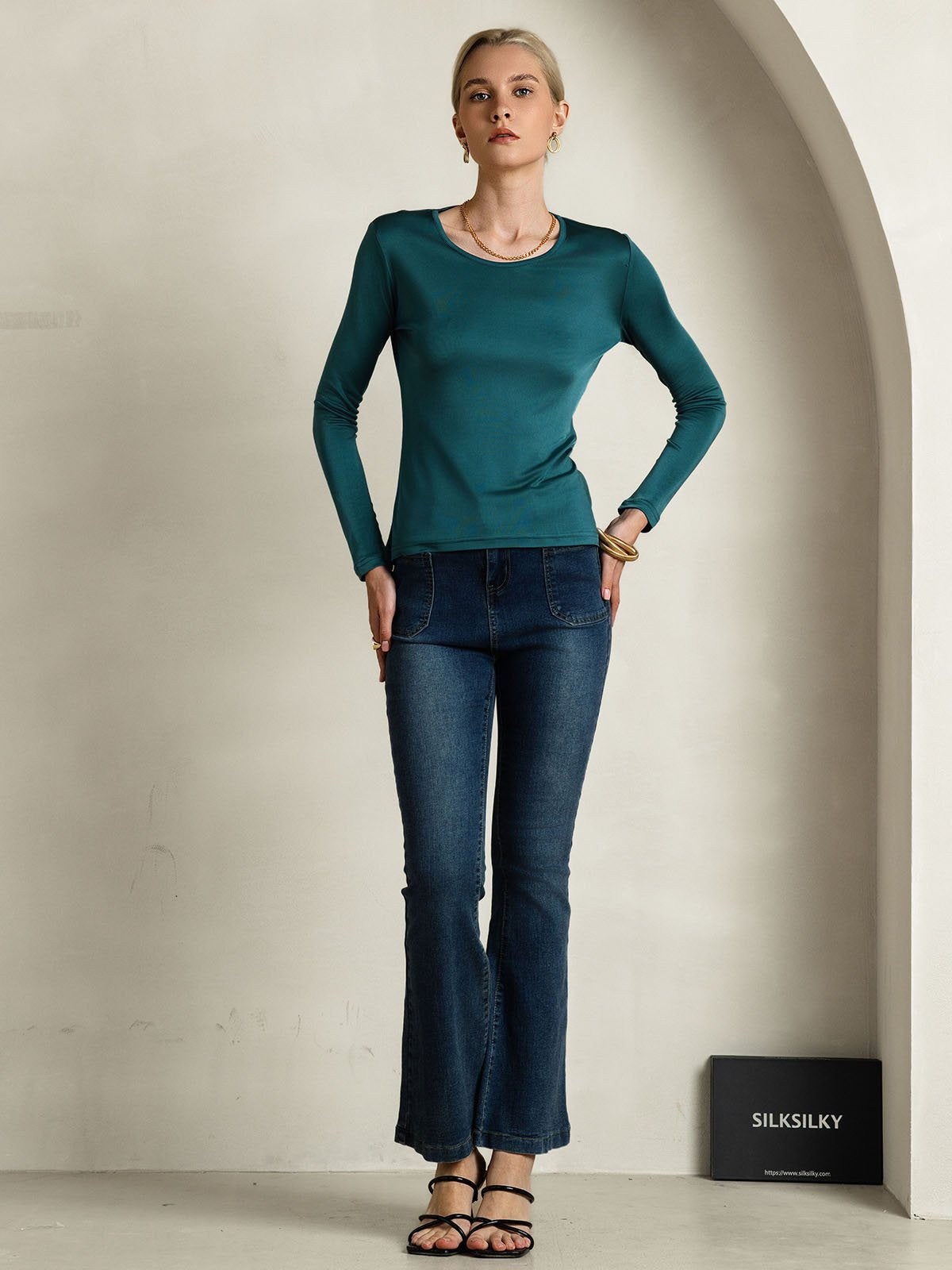 [Dark Green] SilkSilky Silk Long Sleeve Round Neck Women's T-Shirt 005