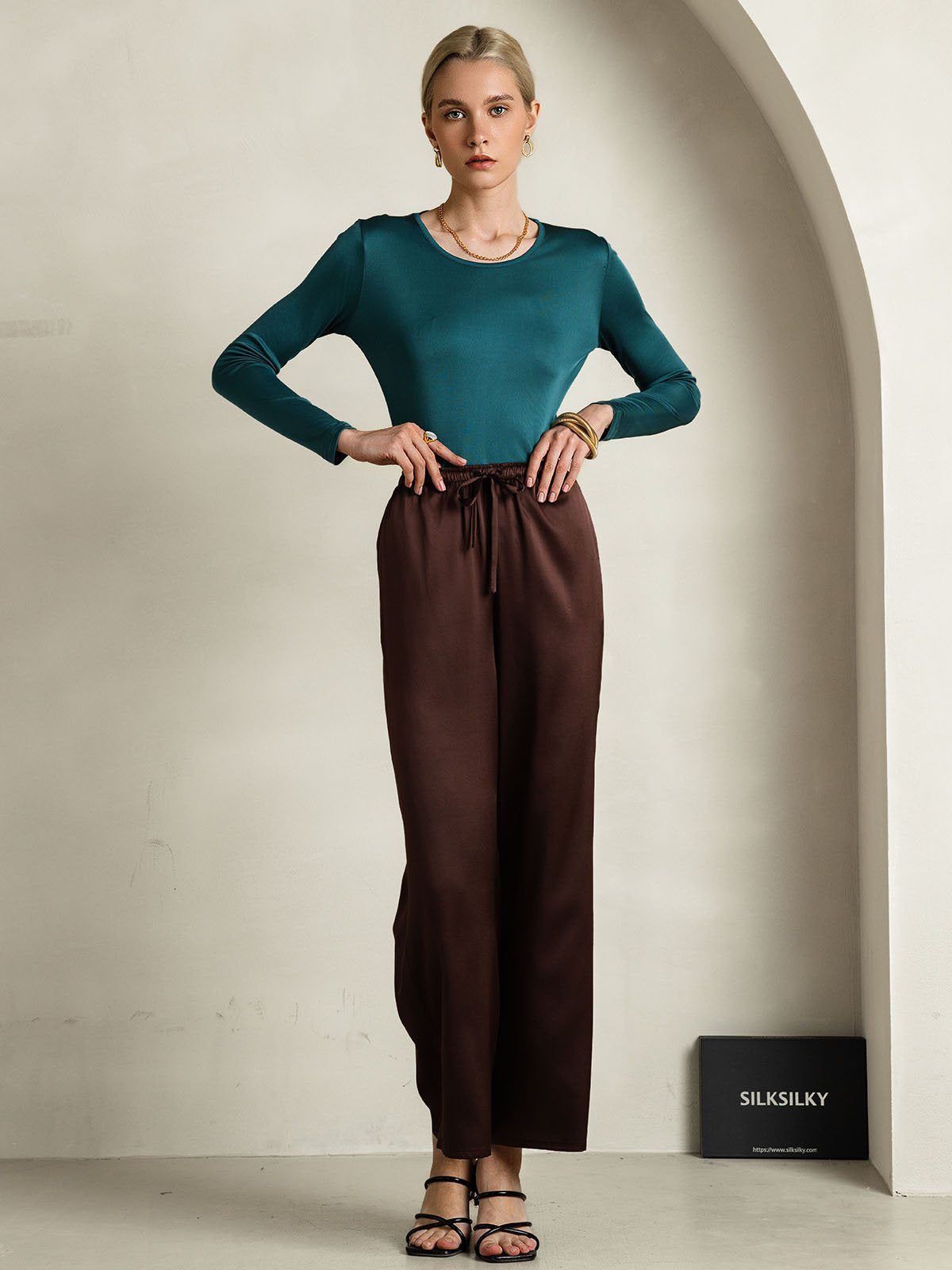 [Dark Green] SilkSilky Silk Long Sleeve Round Neck Women's T-Shirt 007