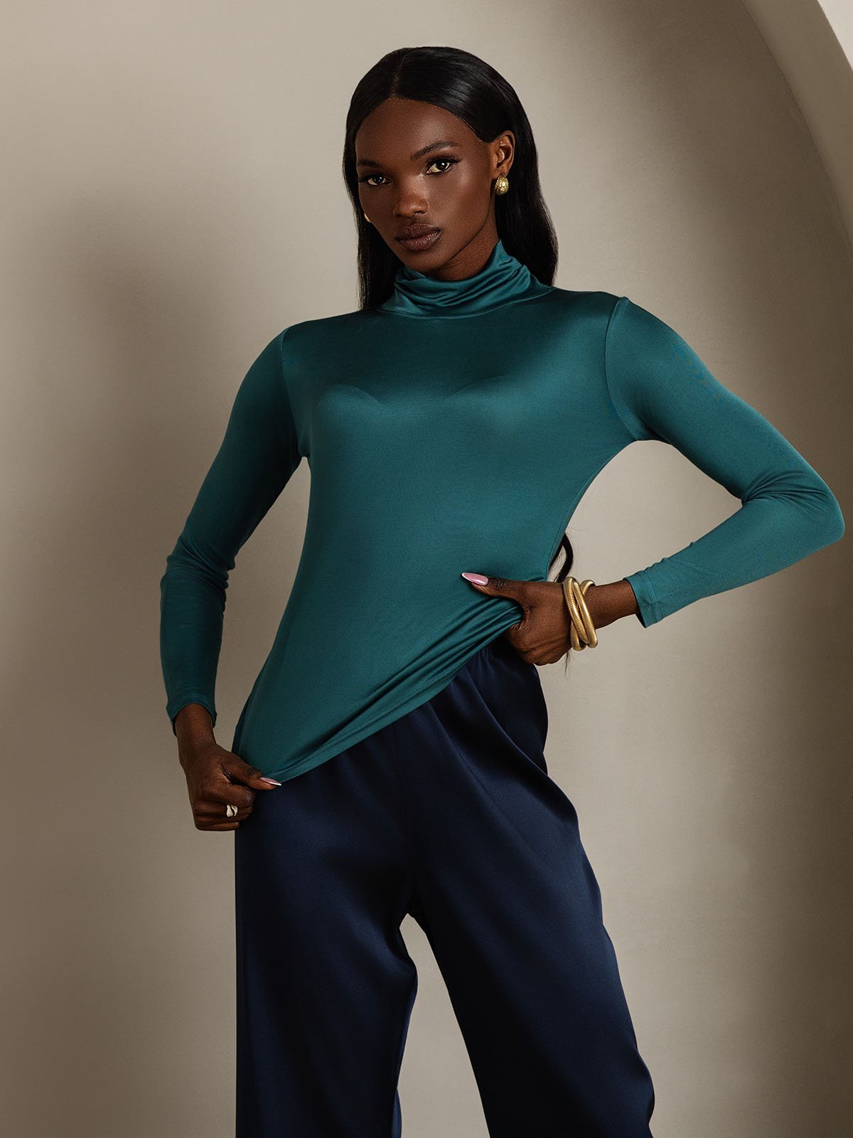 [Dark Green] SilkSilky Silk Long Sleeve Womens T-Shirt 004