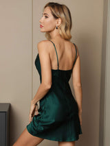 [Dark Green] SilkSilky  Spaghetti Strap Cowl Neck Nightgown 002