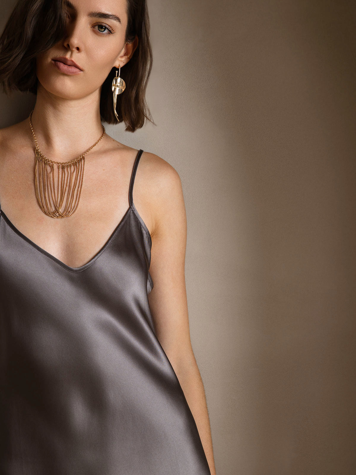 [Dark Khaki] SilkSilky  Pure Silk Round Neck Dress 003