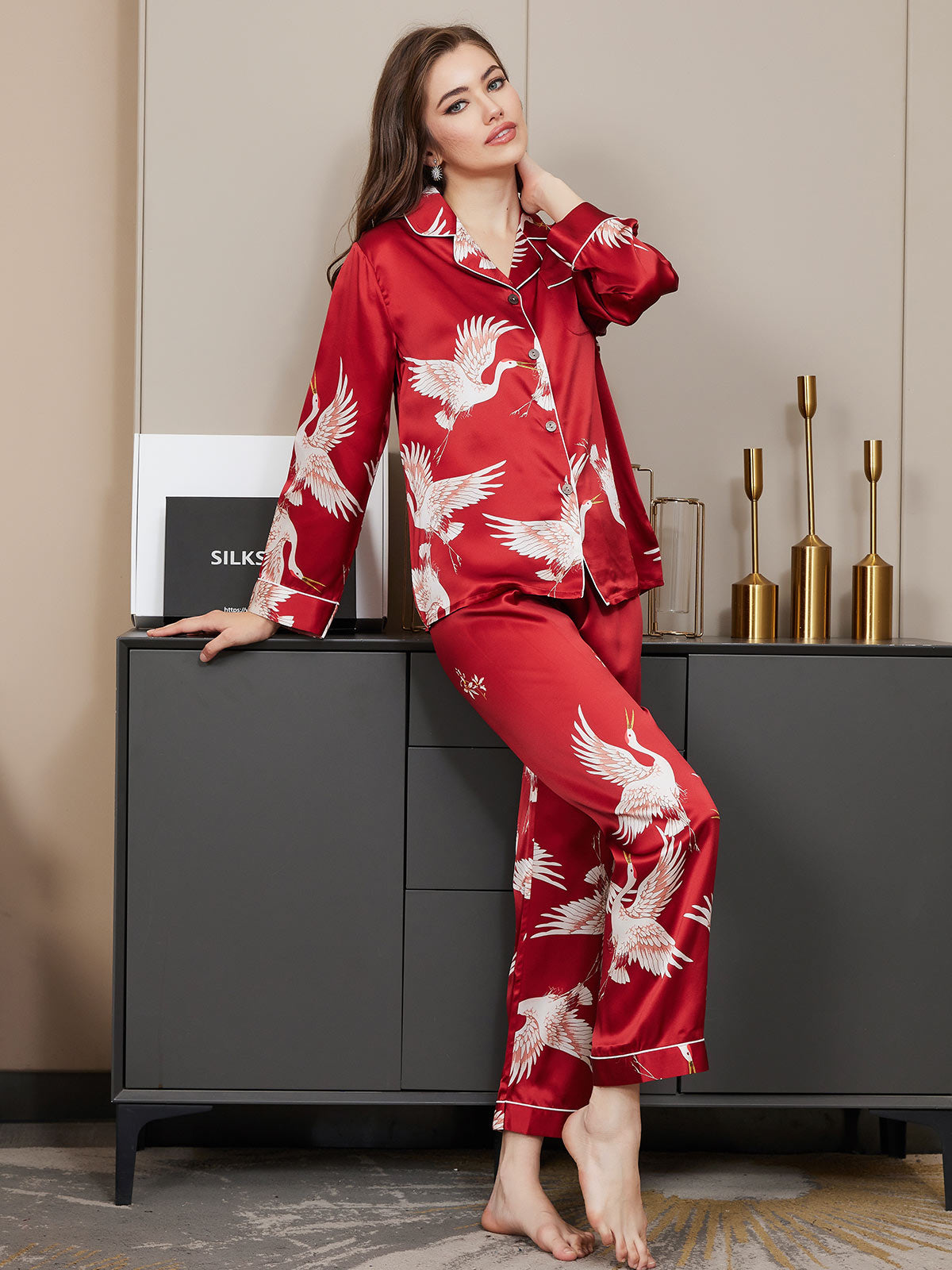 [Dark Red] SilkSilky 19Momme Pure Silk Long Sleeve Lapel Women's Pajamas 002
