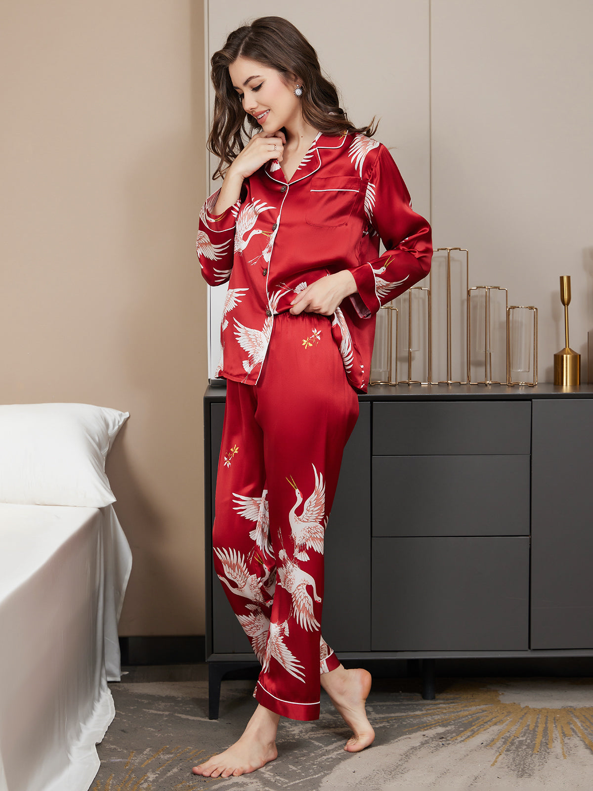 [Dark Red] SilkSilky 19Momme Pure Silk Long Sleeve Lapel Women's Pajamas 004